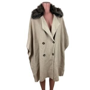 ZARA Knit Double Breasted Cape Faux Fur tan neutral Medium minimalist old money